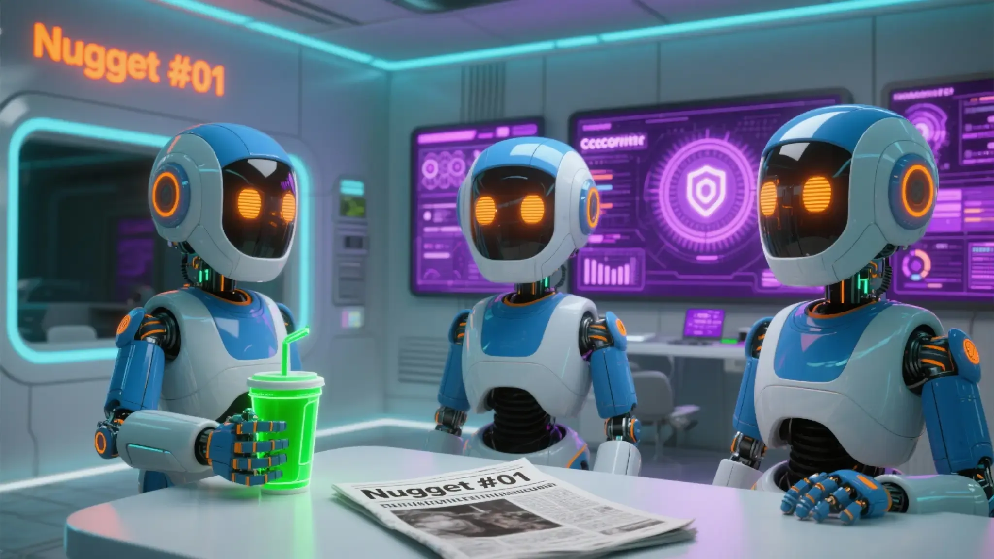 Nugget #01 robots taking a break. Even robots need to stay informed and hydrated.